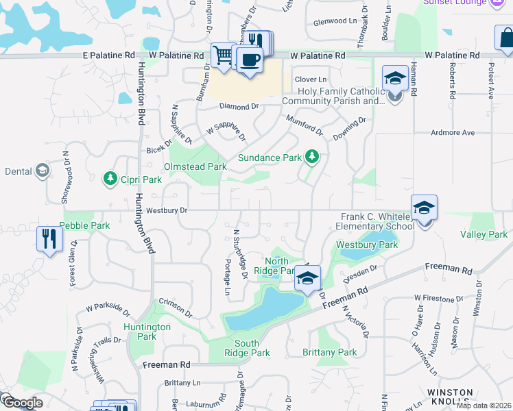 map of restaurants, bars, coffee shops, grocery stores, and more near 1400 Westbury Dr in Hoffman Estates