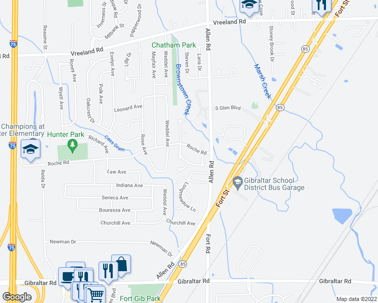 map of restaurants, bars, coffee shops, grocery stores, and more near 20151 Roche Road in Brownstown Charter Township