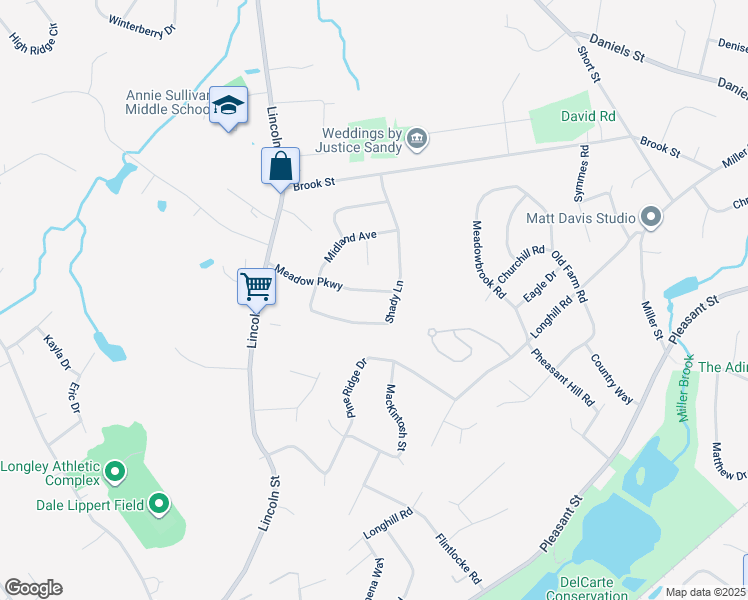 map of restaurants, bars, coffee shops, grocery stores, and more near 20 Meadow Parkway in Franklin