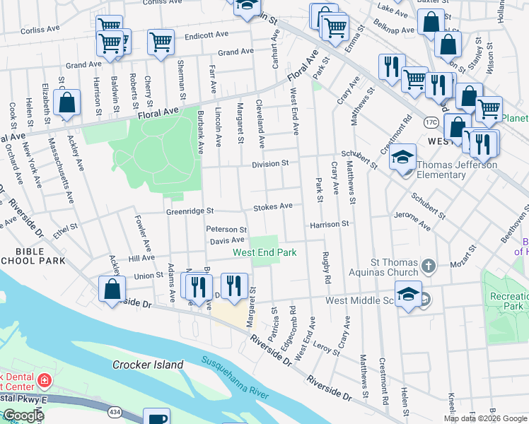 map of restaurants, bars, coffee shops, grocery stores, and more near 12 Stanford Place in Binghamton