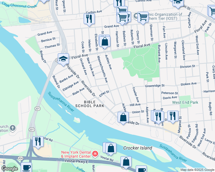 map of restaurants, bars, coffee shops, grocery stores, and more near 136 Massachusetts Avenue in Johnson City