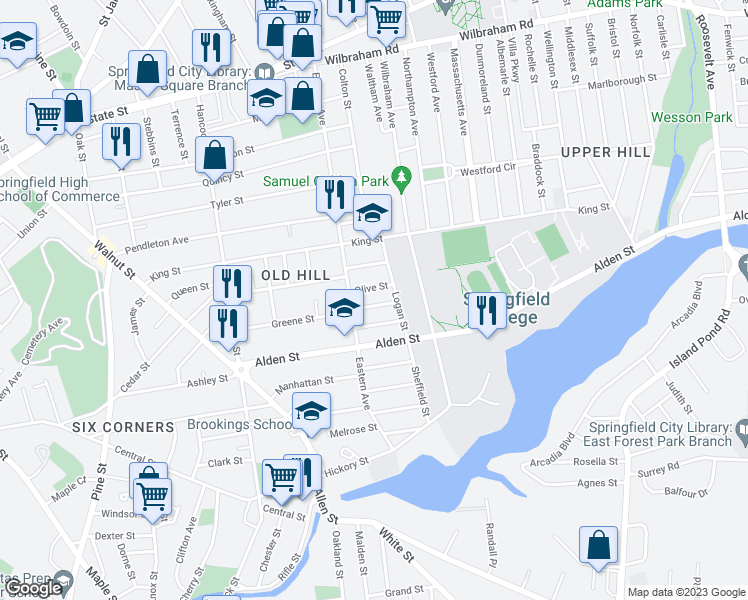 map of restaurants, bars, coffee shops, grocery stores, and more near 24 Ladd Street in Springfield