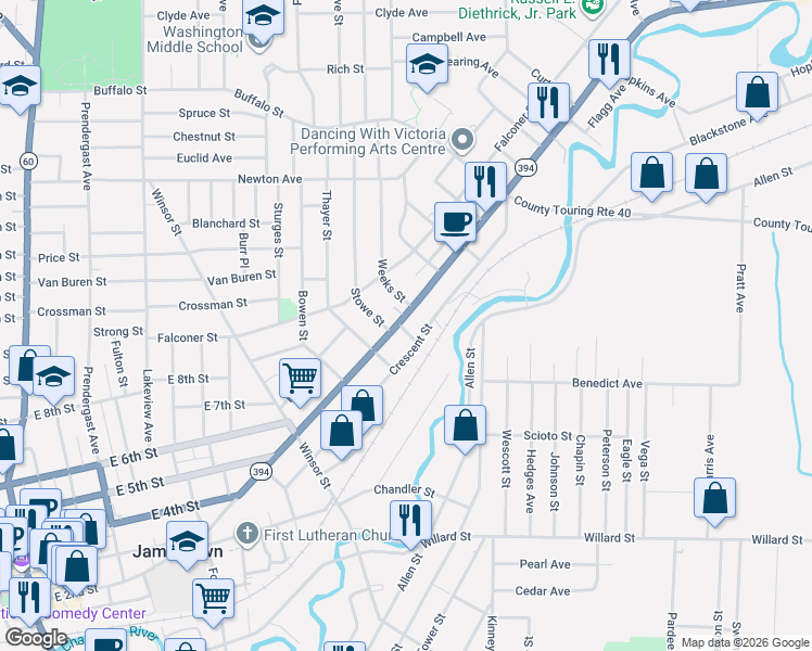 map of restaurants, bars, coffee shops, grocery stores, and more near 1 Stowe Street in Jamestown