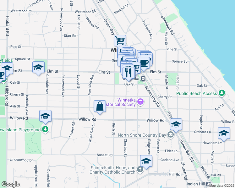 map of restaurants, bars, coffee shops, grocery stores, and more near 455 Birch Street in Winnetka