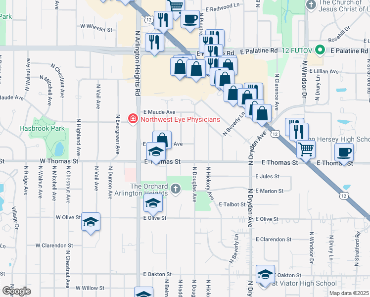 map of restaurants, bars, coffee shops, grocery stores, and more near 507 East Lynnwood Avenue in Arlington Heights