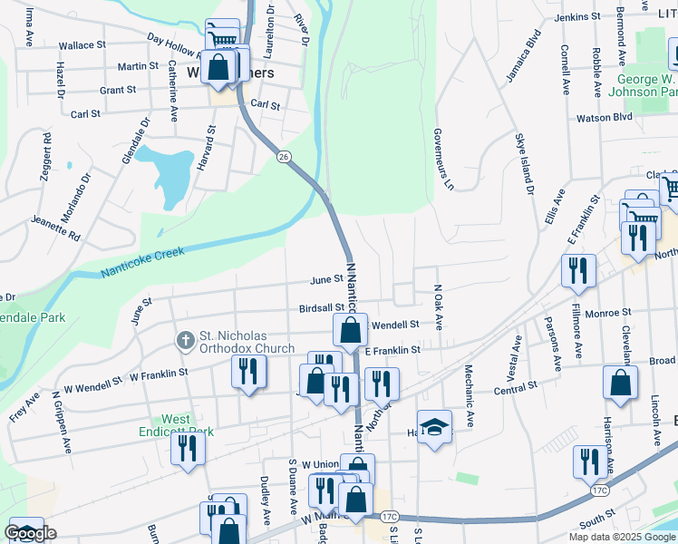 map of restaurants, bars, coffee shops, grocery stores, and more near 107 June St in Endicott