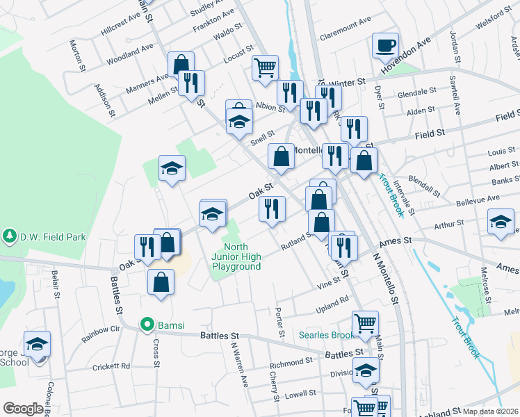 map of restaurants, bars, coffee shops, grocery stores, and more near 45 Orchard Avenue in Brockton