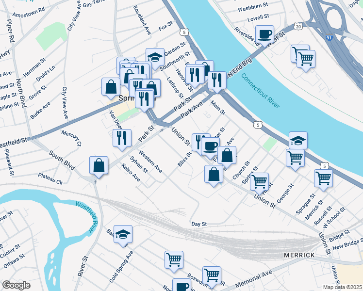 map of restaurants, bars, coffee shops, grocery stores, and more near 61 Progress Avenue in West Springfield