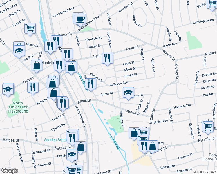 map of restaurants, bars, coffee shops, grocery stores, and more near 55 Bellevue Avenue in Brockton