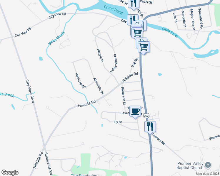 map of restaurants, bars, coffee shops, grocery stores, and more near 115 Hillside Road in Westfield