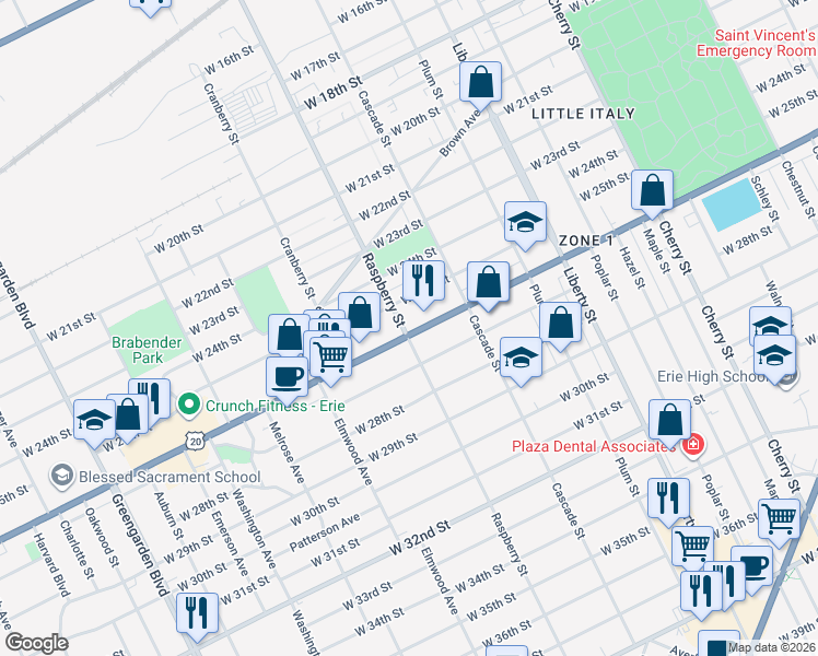 map of restaurants, bars, coffee shops, grocery stores, and more near in Erie