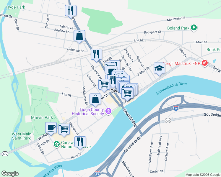 map of restaurants, bars, coffee shops, grocery stores, and more near 165 Main Street in Owego
