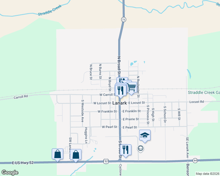 map of restaurants, bars, coffee shops, grocery stores, and more near Tower Street in Lanark