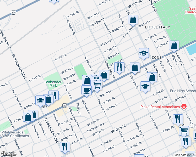 map of restaurants, bars, coffee shops, grocery stores, and more near 2422 Cranberry Street in Erie