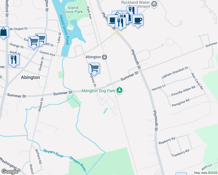 map of restaurants, bars, coffee shops, grocery stores, and more near 351 Summer Street in Abington
