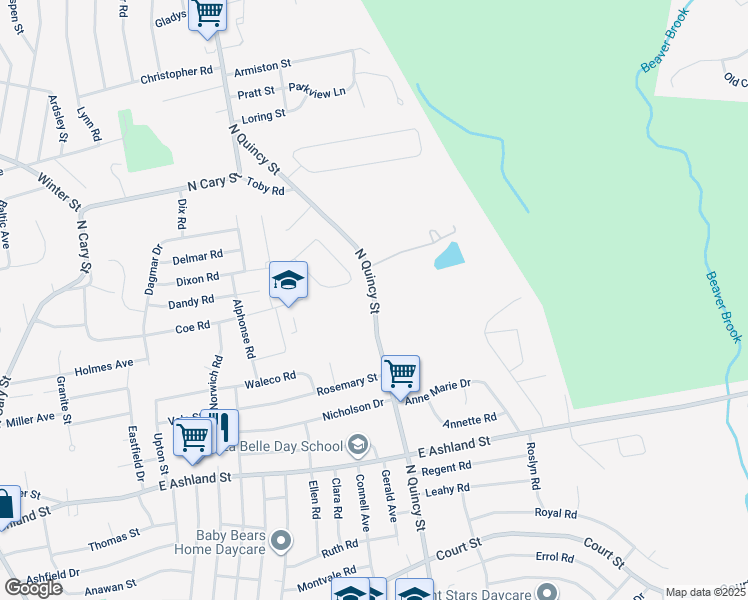map of restaurants, bars, coffee shops, grocery stores, and more near 240 North Quincy Street in Brockton