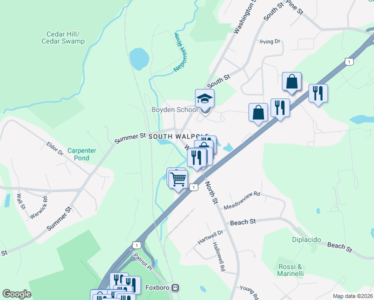 map of restaurants, bars, coffee shops, grocery stores, and more near 25 Water Street in Walpole
