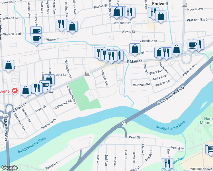 map of restaurants, bars, coffee shops, grocery stores, and more near 328 Marion Avenue in Endicott