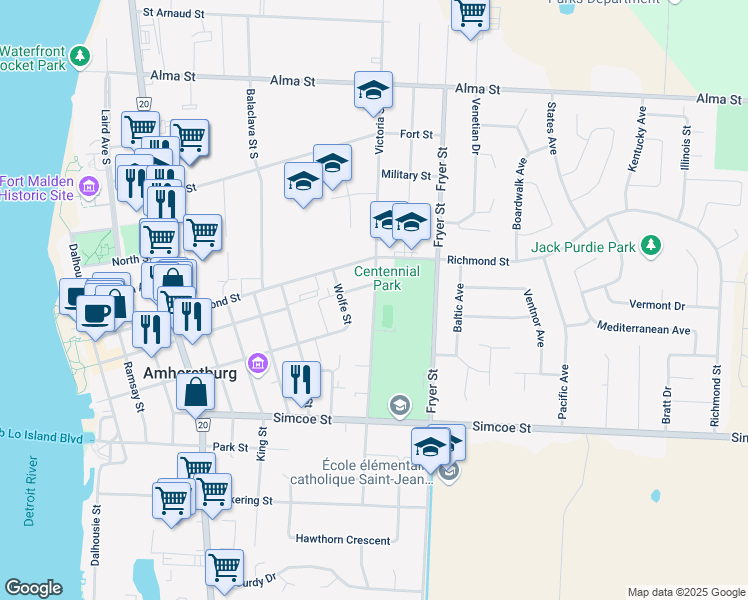 map of restaurants, bars, coffee shops, grocery stores, and more near Victoria Street South in Amherstburg