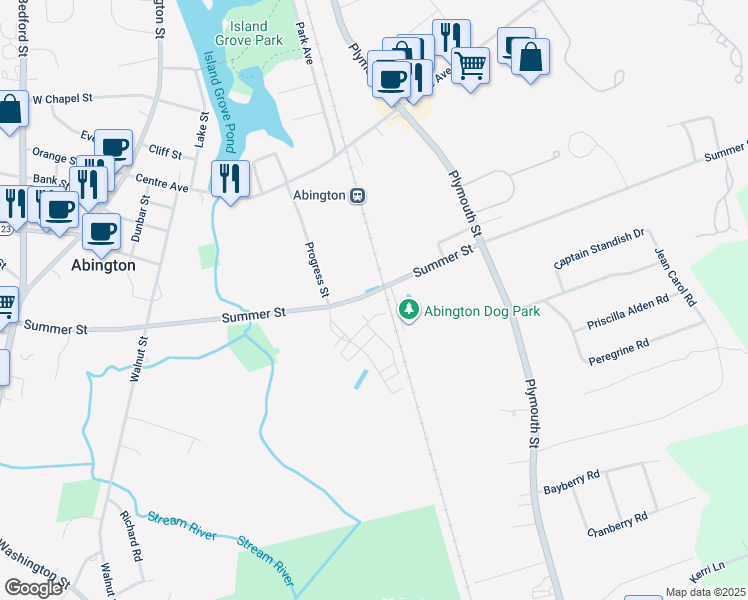 map of restaurants, bars, coffee shops, grocery stores, and more near 351 Summer Street in Abington