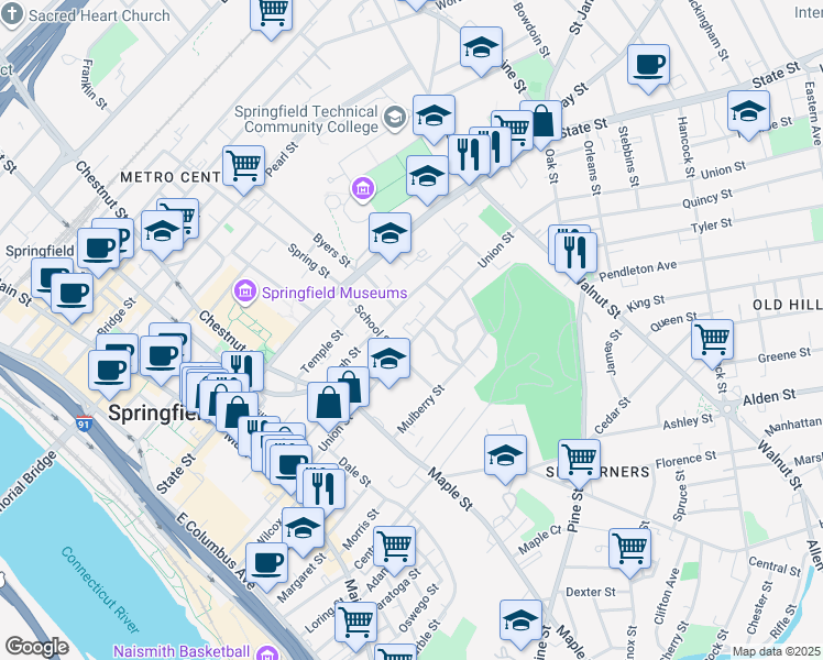 map of restaurants, bars, coffee shops, grocery stores, and more near 54 Ridgewood Place in Springfield