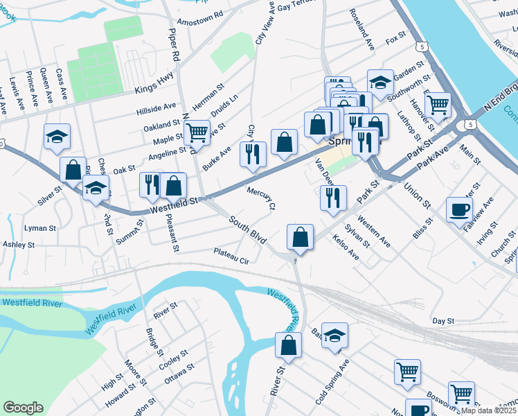 map of restaurants, bars, coffee shops, grocery stores, and more near 31 Mercury Court in West Springfield