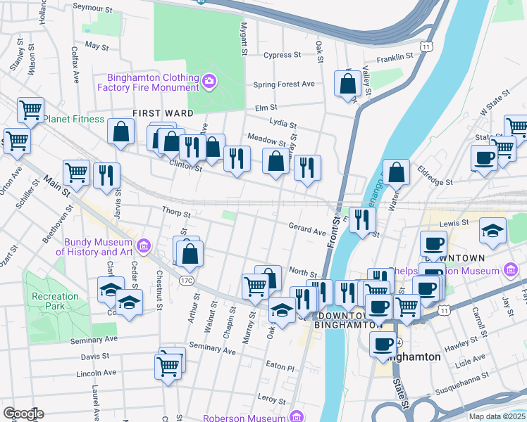 map of restaurants, bars, coffee shops, grocery stores, and more near 196 Chapin Street in Binghamton