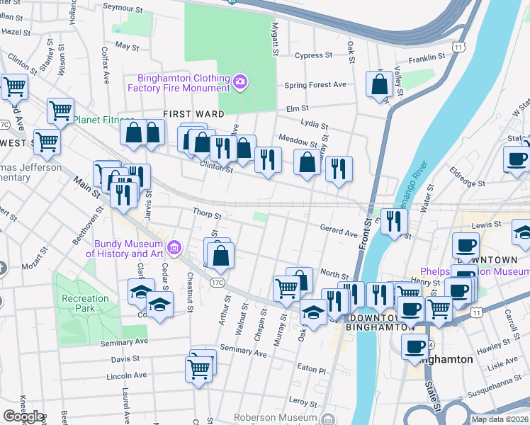 map of restaurants, bars, coffee shops, grocery stores, and more near 121 Walnut Street in Binghamton