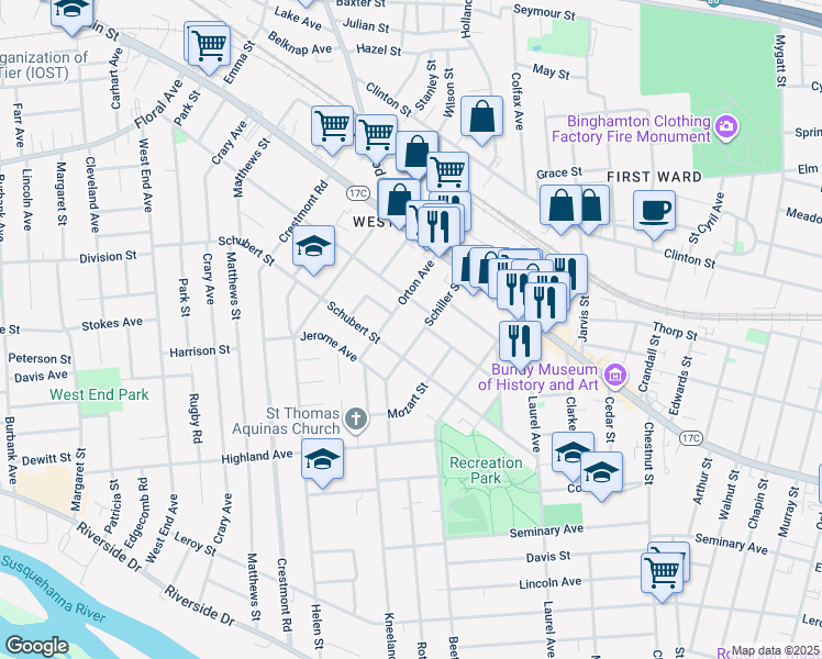 map of restaurants, bars, coffee shops, grocery stores, and more near 29 Schiller Street in Binghamton