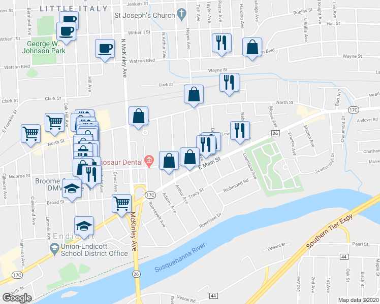 map of restaurants, bars, coffee shops, grocery stores, and more near 37 Jackson Avenue in Endicott