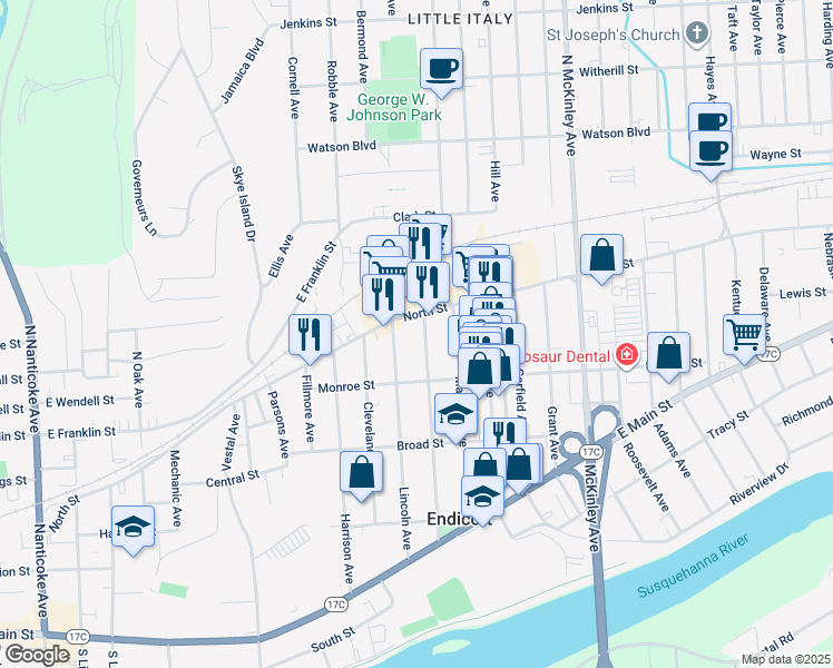 map of restaurants, bars, coffee shops, grocery stores, and more near 9 Lincoln Avenue in Endicott