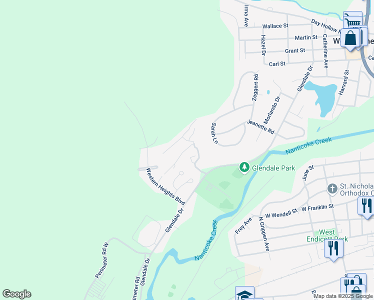 map of restaurants, bars, coffee shops, grocery stores, and more near 21 Jane Lacey Drive in Endicott