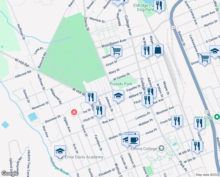 map of restaurants, bars, coffee shops, grocery stores, and more near 400 Tompkins Street in Elmira