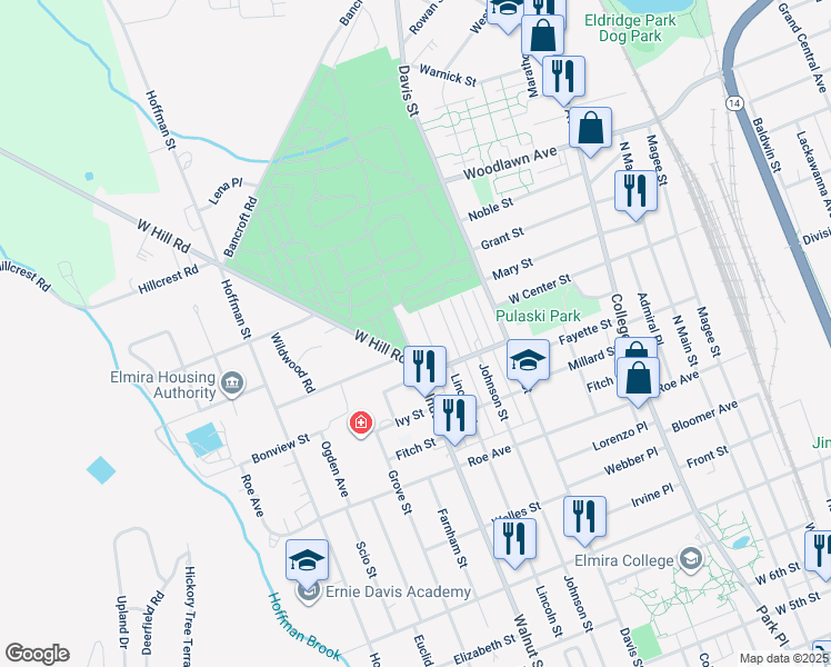 map of restaurants, bars, coffee shops, grocery stores, and more near 1110 Walnut Street in Elmira