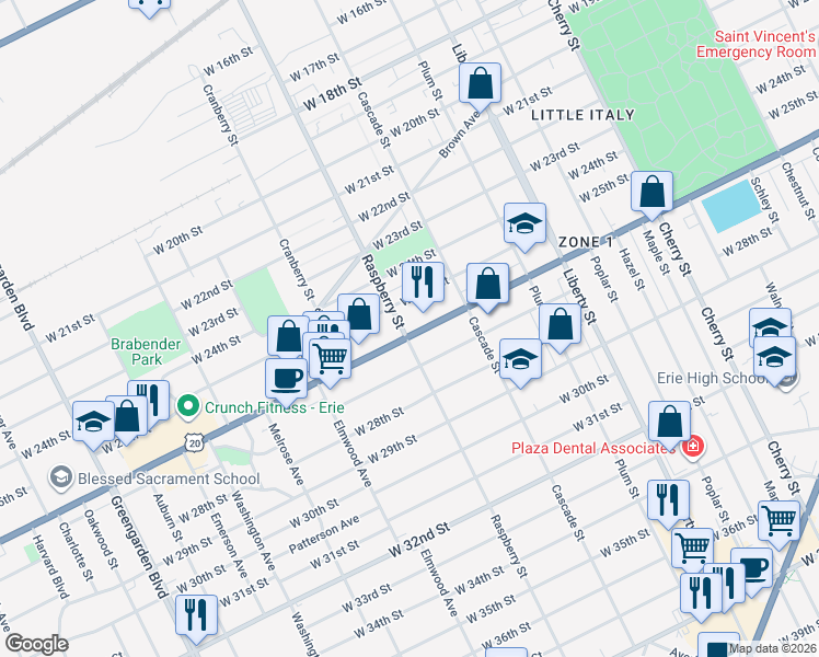 map of restaurants, bars, coffee shops, grocery stores, and more near in Erie