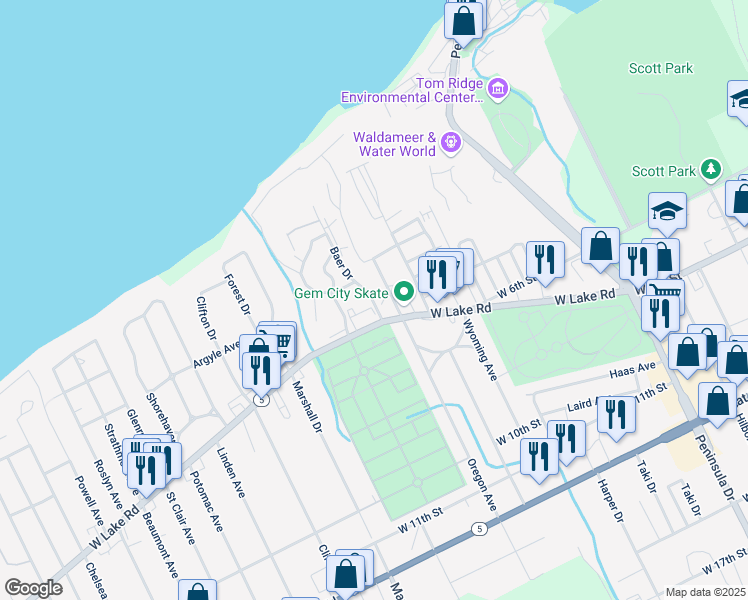 map of restaurants, bars, coffee shops, grocery stores, and more near 3230 W Lake Rd in Erie