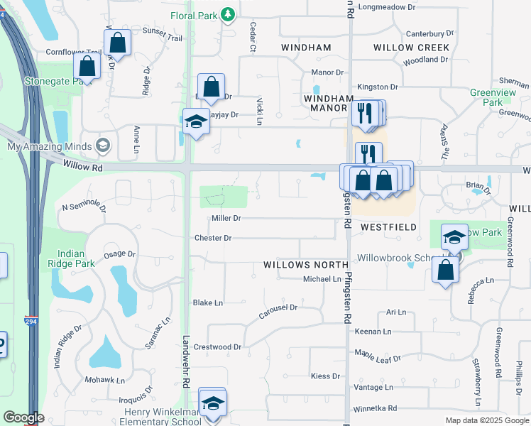 map of restaurants, bars, coffee shops, grocery stores, and more near 3938 Miller Drive in Glenview