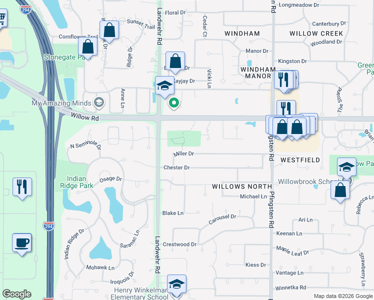 map of restaurants, bars, coffee shops, grocery stores, and more near 4102 Miller Drive in Glenview