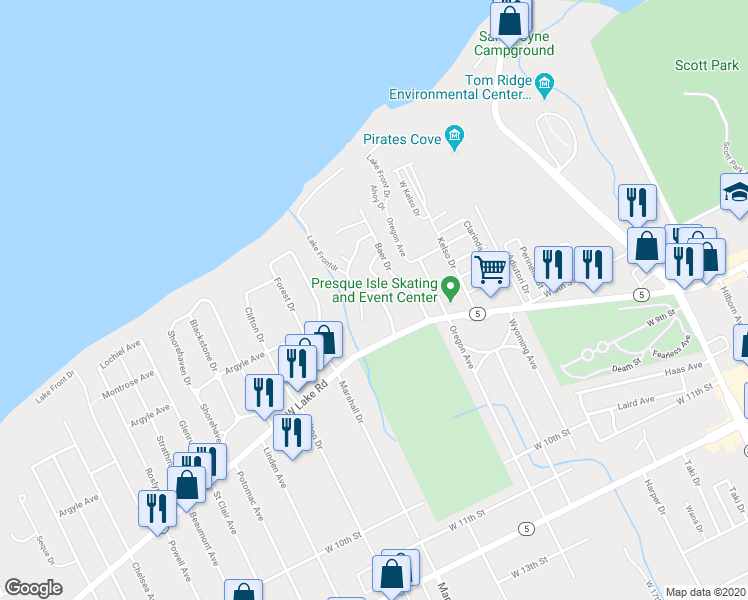 map of restaurants, bars, coffee shops, grocery stores, and more near 220 Fieldstone Way in Erie