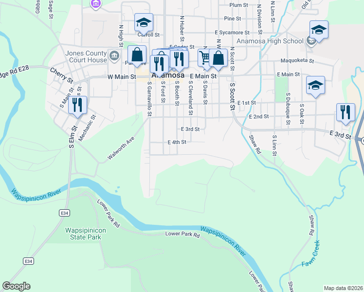 map of restaurants, bars, coffee shops, grocery stores, and more near 501-599 South Booth Street in Anamosa
