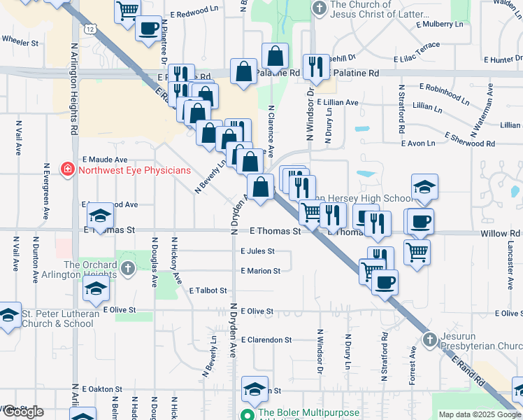 map of restaurants, bars, coffee shops, grocery stores, and more near 1211 East Rand Road in Arlington Heights