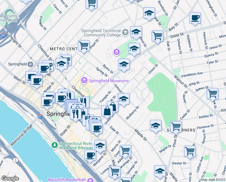 map of restaurants, bars, coffee shops, grocery stores, and more near 70 Temple Street in Springfield