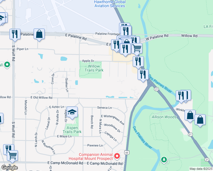 map of restaurants, bars, coffee shops, grocery stores, and more near 860 East Old Willow Road in Prospect Heights