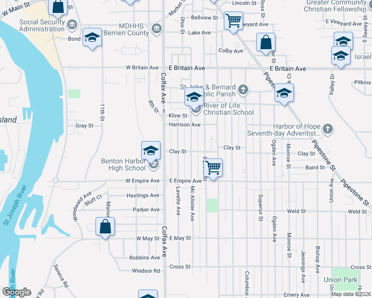 map of restaurants, bars, coffee shops, grocery stores, and more near 808 McAllister Avenue in Benton Harbor