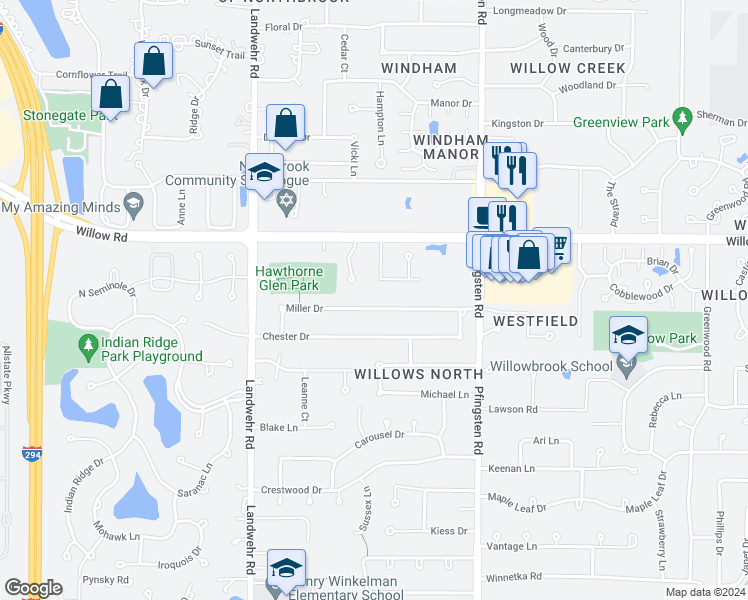 map of restaurants, bars, coffee shops, grocery stores, and more near 3938 Miller Drive in Glenview