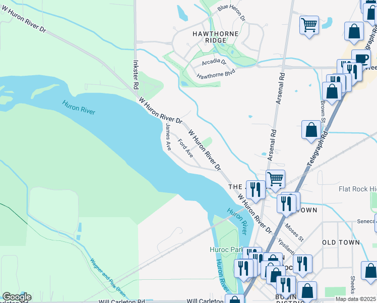 map of restaurants, bars, coffee shops, grocery stores, and more near 27000 Ford Avenue in Flat Rock