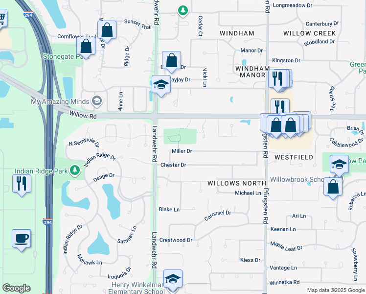 map of restaurants, bars, coffee shops, grocery stores, and more near 4102 Miller Drive in Glenview
