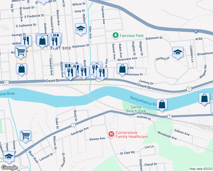 map of restaurants, bars, coffee shops, grocery stores, and more near 502 Court Street in Binghamton