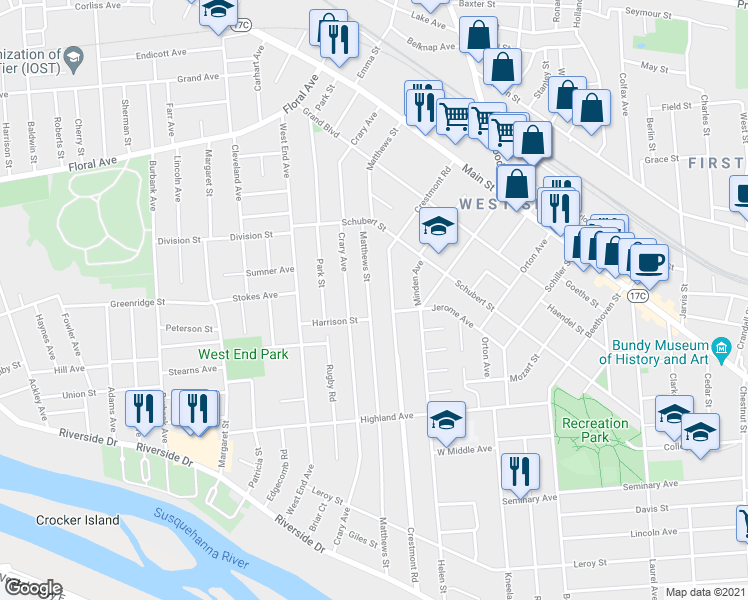 map of restaurants, bars, coffee shops, grocery stores, and more near 130 Matthews Street in Binghamton