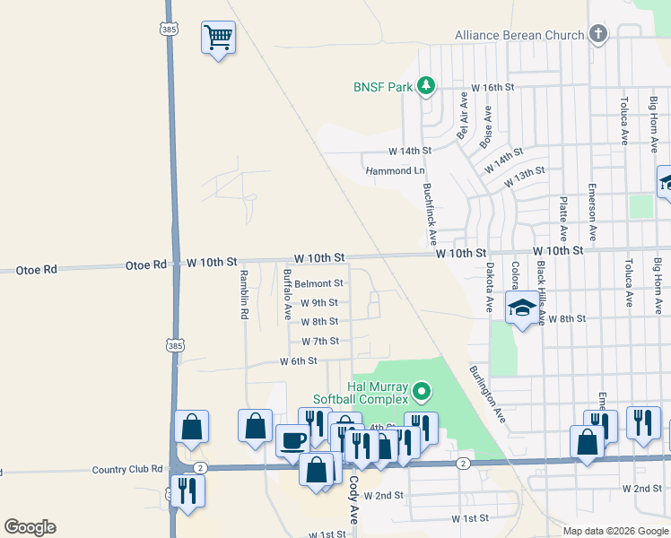 map of restaurants, bars, coffee shops, grocery stores, and more near A3 Buffalo Avenue in Alliance